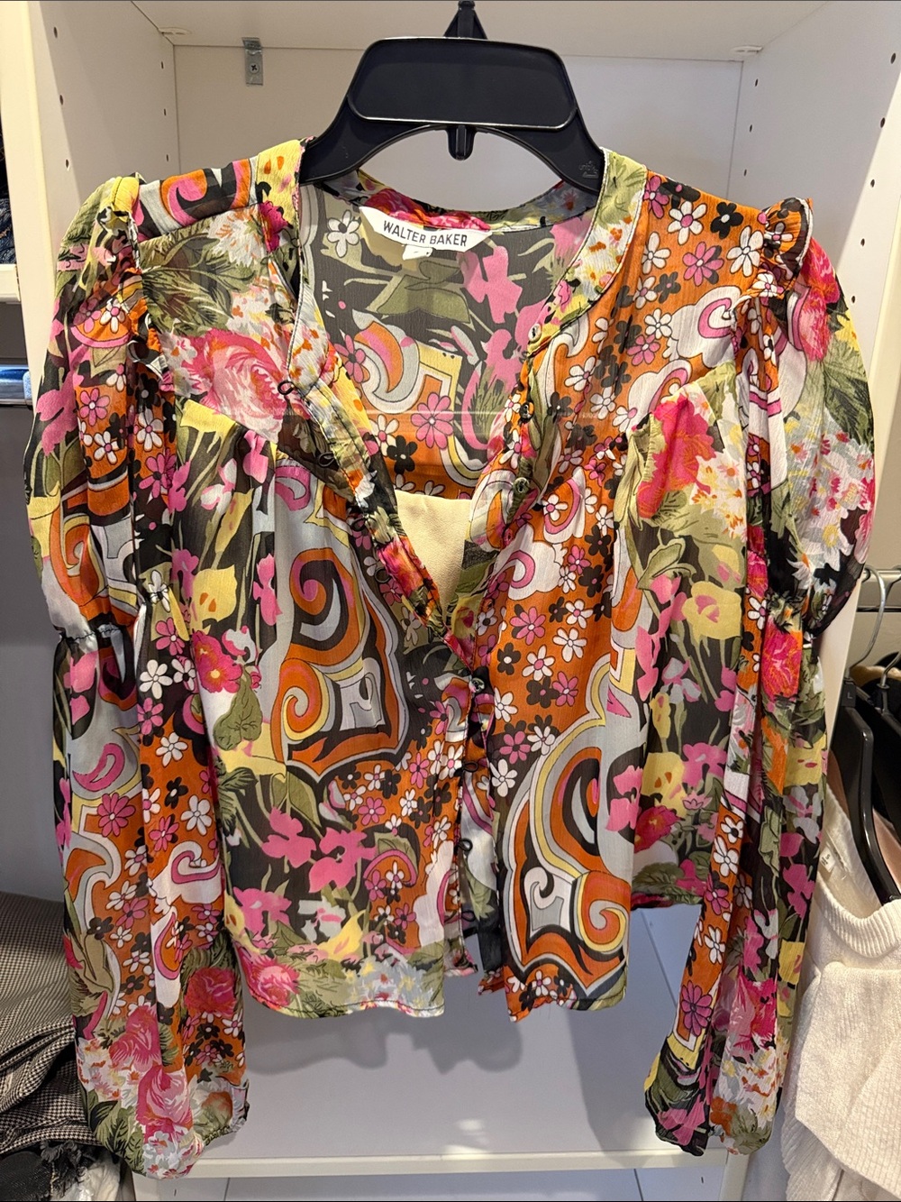 Walter Baker Floral Paisley Puff-Sleeve Blouse in Pink, Orange & Green